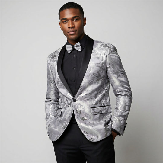 Silver Embroidered Slim Fit Shawl Tuxedo Jacket