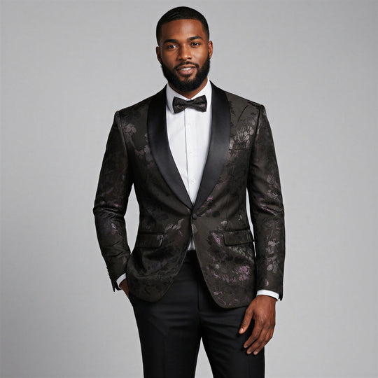 Black Floral Jacquard Shawl Tuxedo Jacket