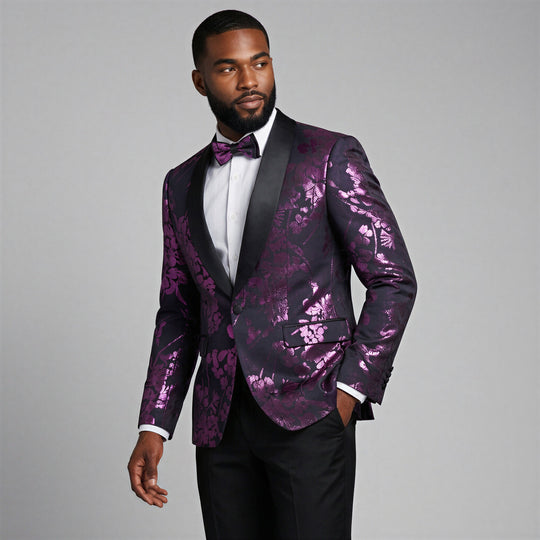 Purple Floral Jacquard Shawl Tuxedo Jacket