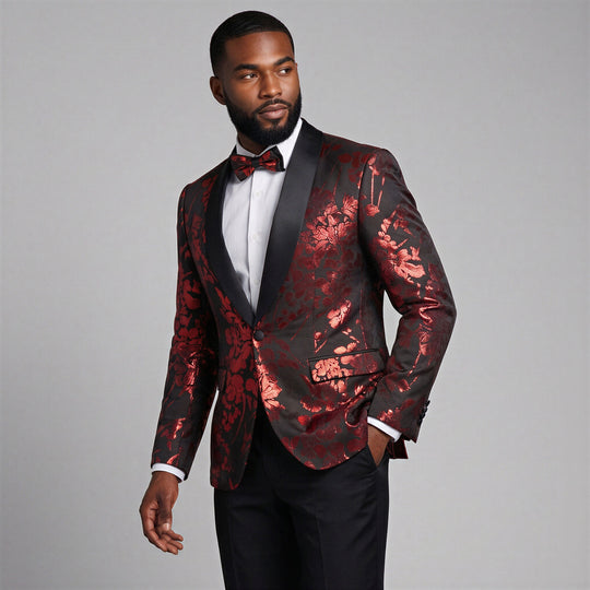 Red Floral Jacquard Shawl Tuxedo Jacket