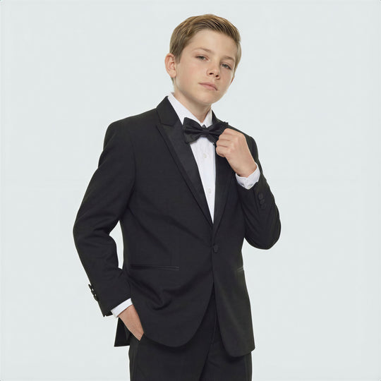 Boys Black 4-Piece Tuxedo Set with Peak Lapel – Wedding