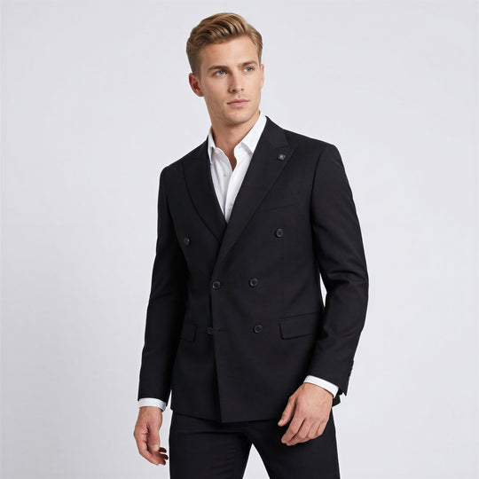 Men’s Double-Breasted Black Suit with Peak Lapel – Wedding & Prom
