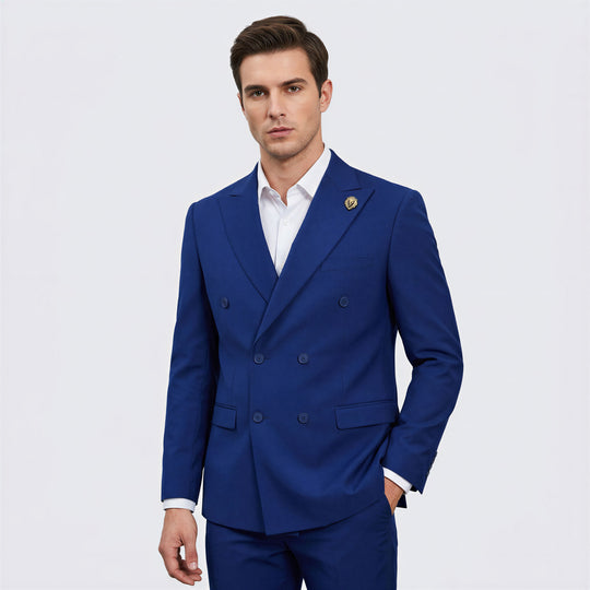 Men’s Double Breasted Blue Suit with Peak Lapel – Wedding & Prom