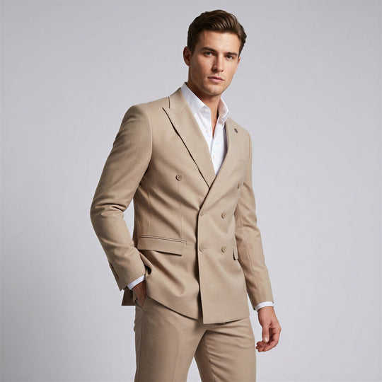 Men’s Double Breasted Tan Suit with Peak Lapel – Wedding & Prom