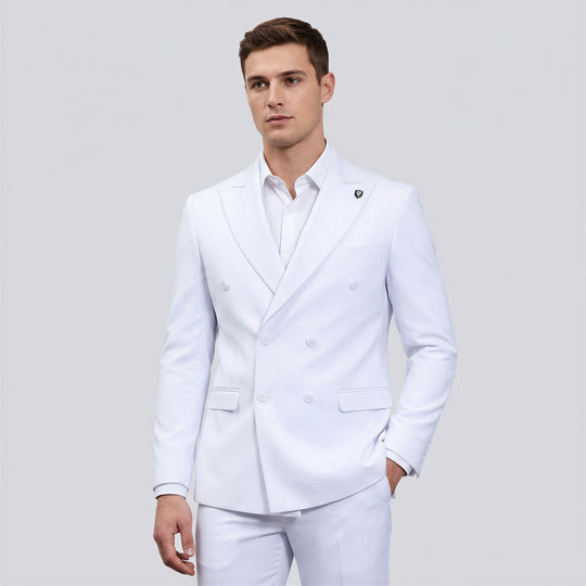 Men’s Double Breasted White Suit with Peak Lapel – Wedding & Prom