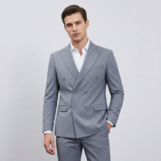 Men’s Double Breasted Grey Suit with Peak Lapel – Wedding & Prom