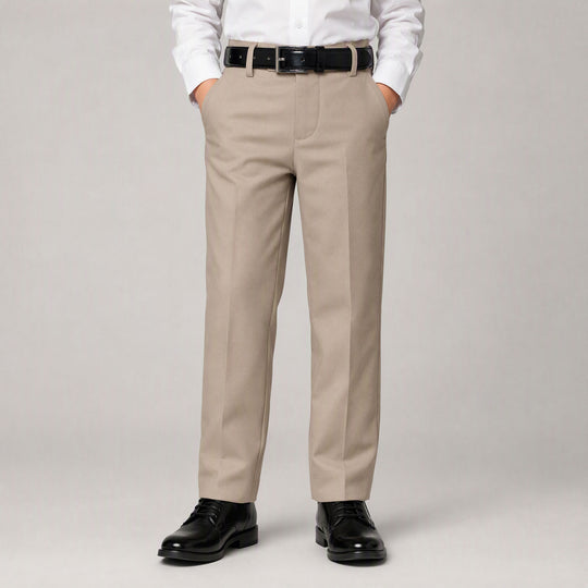 Boys Beige Slim Fit Dress Pants & Belt Set