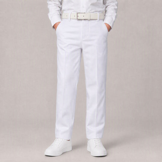 Boys White Slim Fit Dress Pants & Belt Set