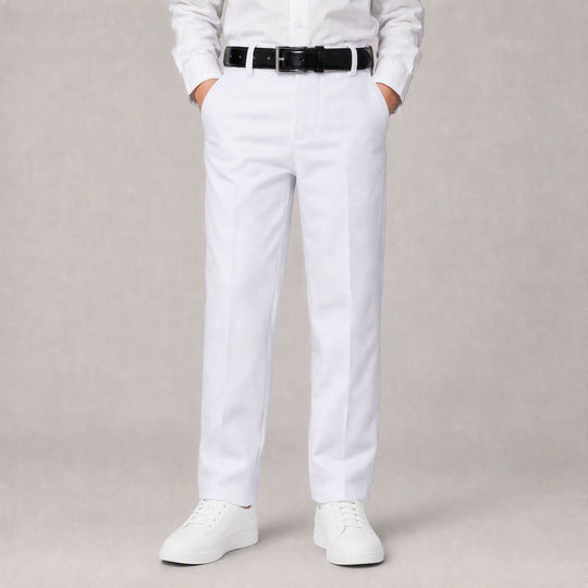 Boys White Slim Fit Dress Pants & Belt Set