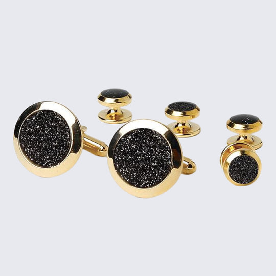 Tuxedo Studs and Cufflinks Gold Black Diamond Dust Center Wide Bezel