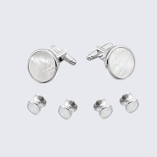Mother of Pearl Tuxedo Studs and Cufflinks Round Silver