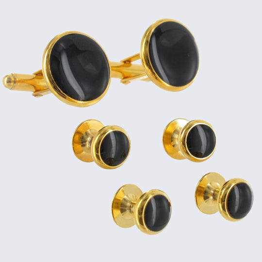 Tuxedo Studs and Cufflinks Gold Round Faux Onyx