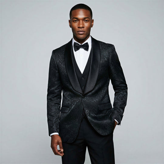 Black Paisley Skinny Fit Three-Piece Suit – Wedding & Prom