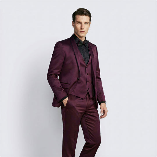 Burgundy Slim Fit Satin Tuxedo – Four Piece Set