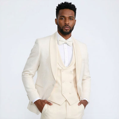Ivory Shawl Tuxedo with Fancy Pattern Four Piece Set - Wedding - Prom