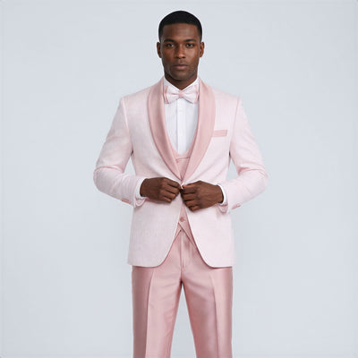 Pink Patterned Tuxedo Set with Shawl Lapel – Wedding & Prom