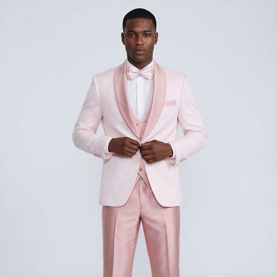 Pink Patterned Tuxedo Set with Shawl Lapel – Wedding & Prom