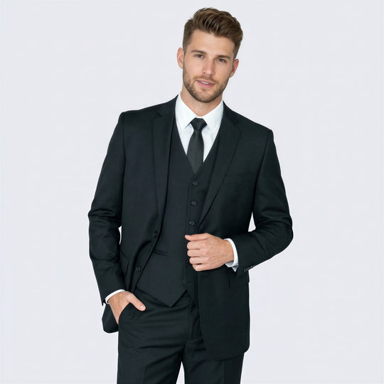 Black 3-Piece Modern Fit Suit with Notch Lapel – Wedding & Prom