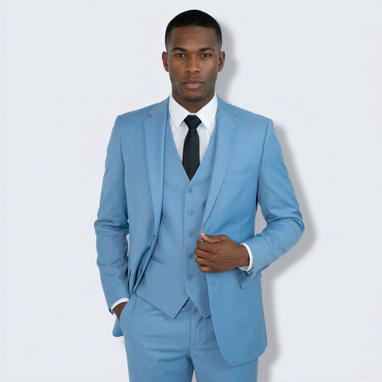 Dusty Blue 3-Piece Modern Fit Suit with Notch Lapel – Wedding & Prom