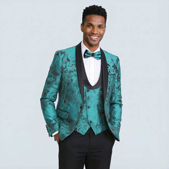 Turquoise Floral Tuxedo with Shawl Lapel – 4 Piece Set