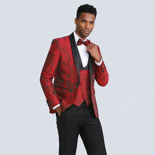 Red Floral Pattern Tuxedo 4-Piece Set – Wedding & Prom