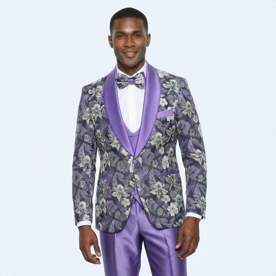 Purple Floral Tuxedo Set with Shawl Lapel – Wedding & Prom