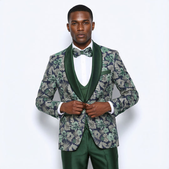 Green Tuxedo with Floral Pattern Four Piece Set - Wedding - Prom