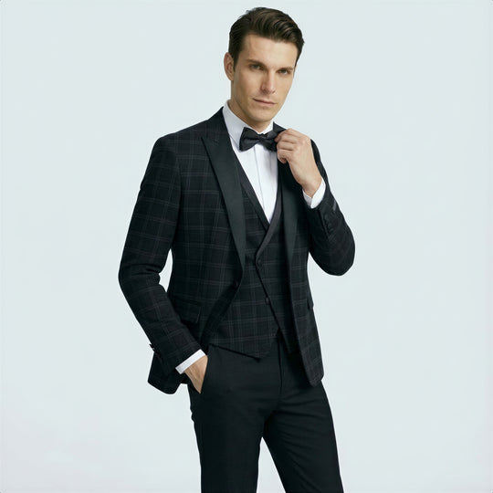 Black Patterned Three-Piece Tuxedo with Peak Lapel – Wedding & Prom