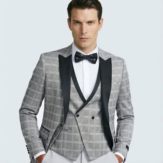 Silver Patterned Tuxedo 4-Piece Set with Peak Lapel – Wedding & Prom