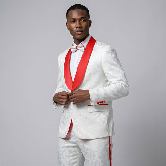White & Red Paisley Tuxedo with Shawl Lapel – Wedding & Prom