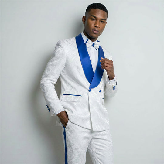 White & Royal Blue Paisley Tuxedo with Shawl Lapel – Wedding & Prom
