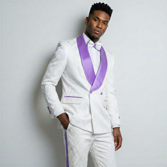 White & Purple Paisley Tuxedo with Shawl Lapel – Wedding & Prom