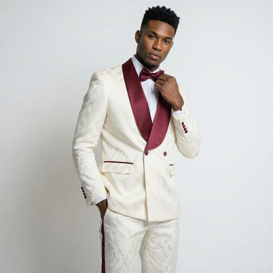 Ivory & Burgundy Paisley Tuxedo with Shawl Lapel – Wedding & Prom