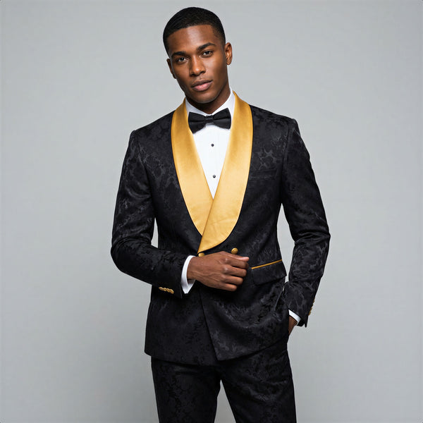 Men's Black & Gold Paisley Tuxedo with Shawl Lapel – Wedding & Prom