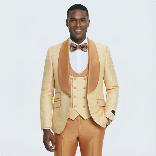 Gold Brocade Tuxedo with Satin Shawl Lapel – Wedding & Prom