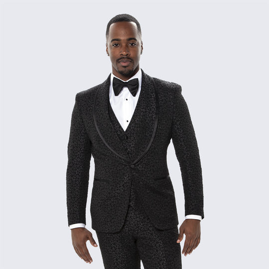 Black Floral Jacquard Tuxedo 3-Piece Set with Satin Shawl Lapel – Skinny Fit