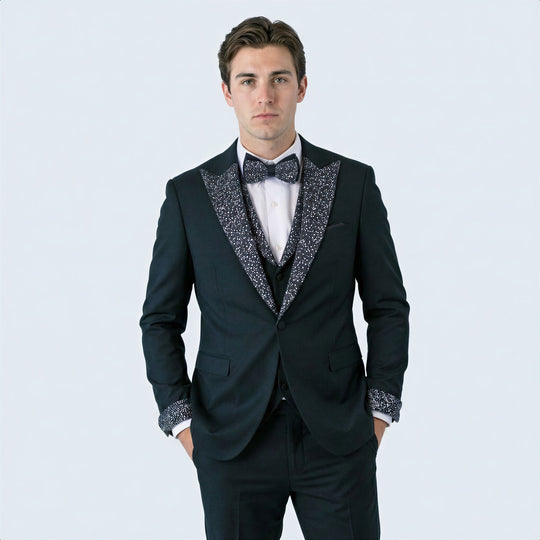 Black Peak Lapel Tuxedo with Stones – 4 Piece Set