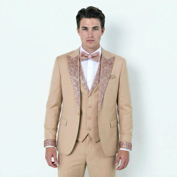 Rose Gold Peak Lapel Tuxedo with Stones – 4 Piece Set, 44r Coat