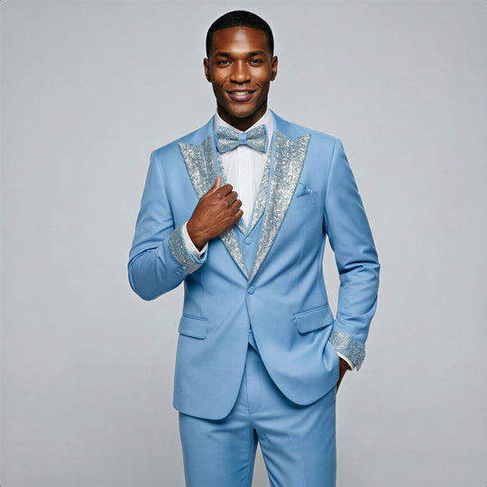 Light Blue Peak Lapel Tuxedo with Stones – 4 Piece Set