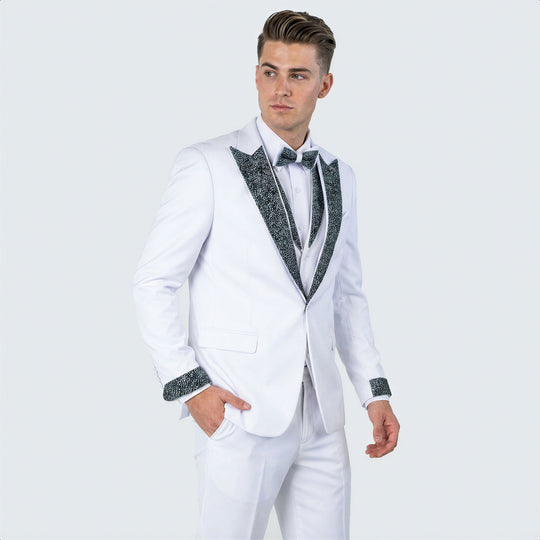 White Peak Lapel Tuxedo with Stones – 4 Piece Set
