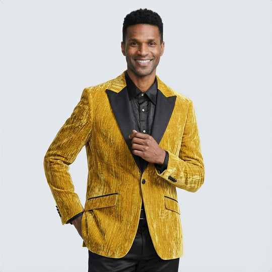 Gold Velvet Pattern Tuxedo Jacket with Peak Lapel – Wedding & Prom