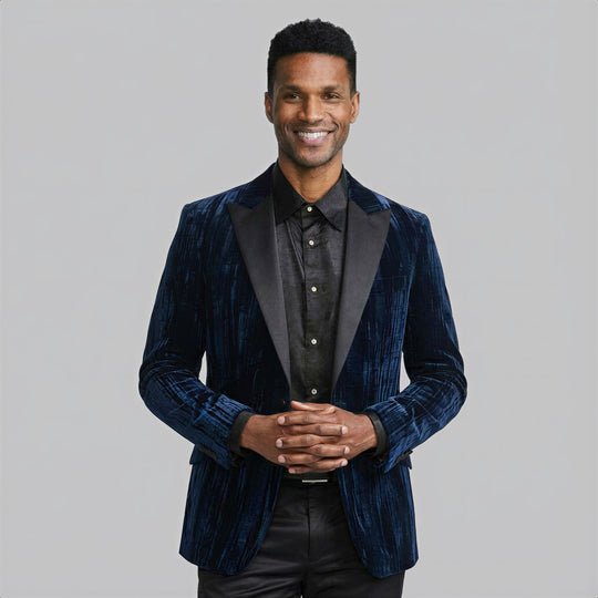 Navy Velvet Pattern Tuxedo Jacket with Peak Lapel – Wedding & Prom