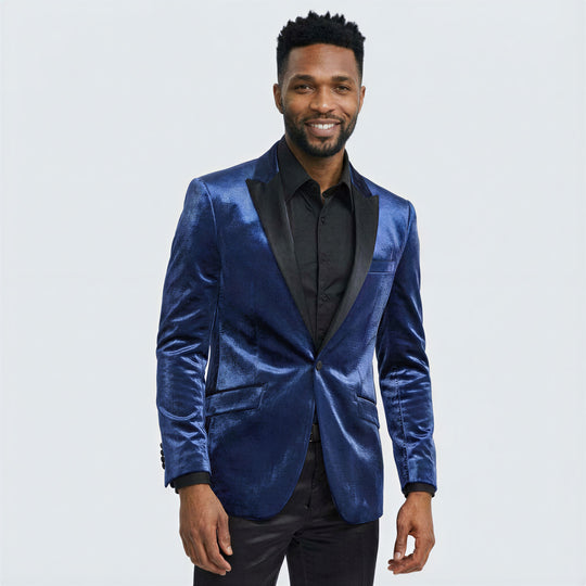 Navy Blue Shiny Slim Fit Tuxedo Jacket with Peak Lapel – Wedding & Prom
