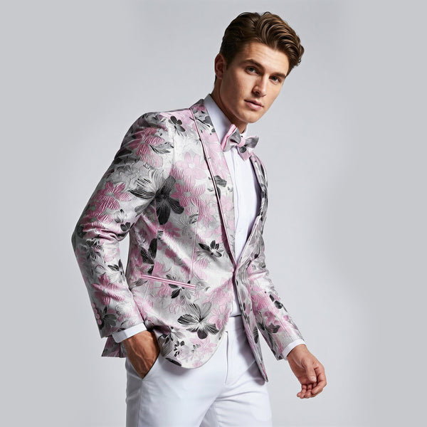 Mens Pink Black and Silver Floral Tuxedo Jacket Slim Fit Pink Black and Silver / 40 Regular Jacket