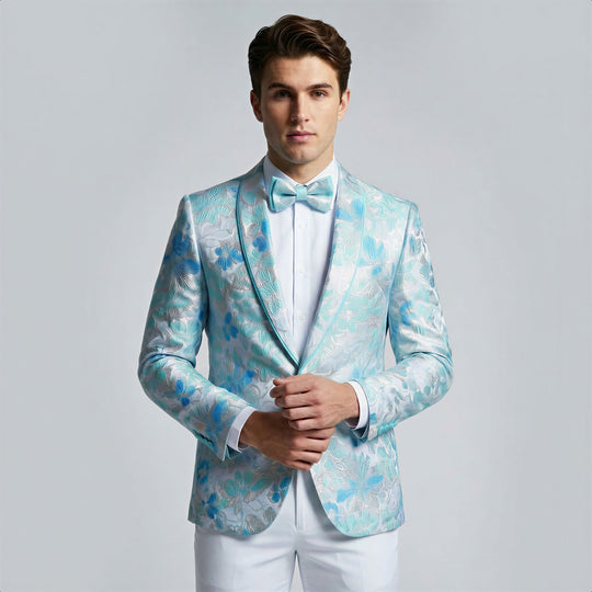 Aqua Floral Tuxedo Jacket with Shawl Lapel – Wedding & Prom