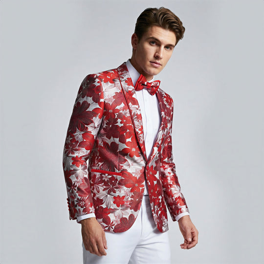 Red Floral Tuxedo Jacket with Shawl Lapel – Wedding & Prom
