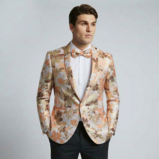 Orange Floral Tuxedo Jacket with Shawl Lapel – Wedding & Prom