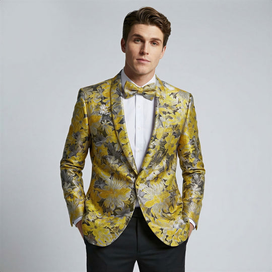 Gold Floral Tuxedo Jacket with Shawl Lapel – Wedding & Prom