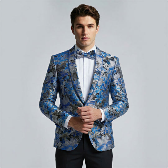 Royal Blue Floral Tuxedo Jacket with Shawl Lapel – Wedding & Prom