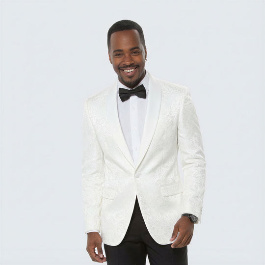 White Paisley Tuxedo Jacket with Shawl Lapel – Wedding & Prom